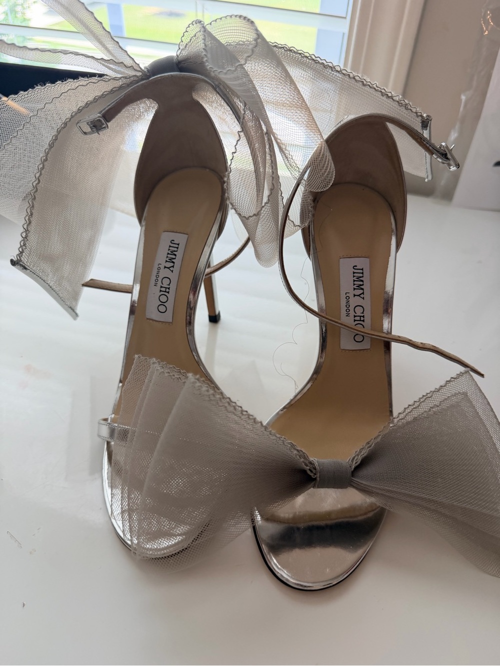 Authentic Jimmy Choo Silver Metallic Bow-Detail Stiletto Sandals